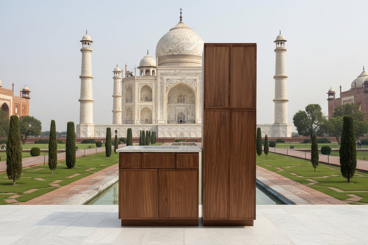 60" SET/ KCD OSLO WALNUT 36" VANITY/ & 24" X 84" LINEN TOWER/ TAJ MAHAL 36" TOP & BACKSPLASH