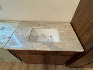 60" SET/ KCD OSLO WALNUT 36" VANITY/ & 24" X 84" LINEN TOWER/ TAJ MAHAL 36" TOP & BACKSPLASH