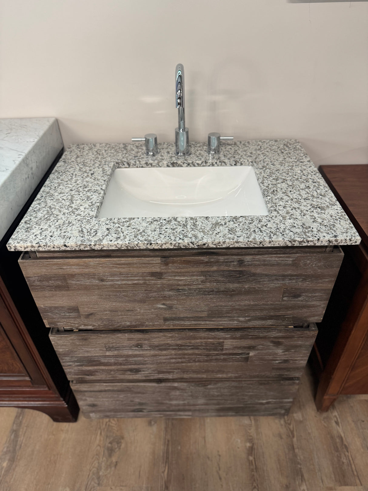30" Organic Brown Vanity Set with Granite Top, Ceramic Sink, and Widespread Chrome Faucet