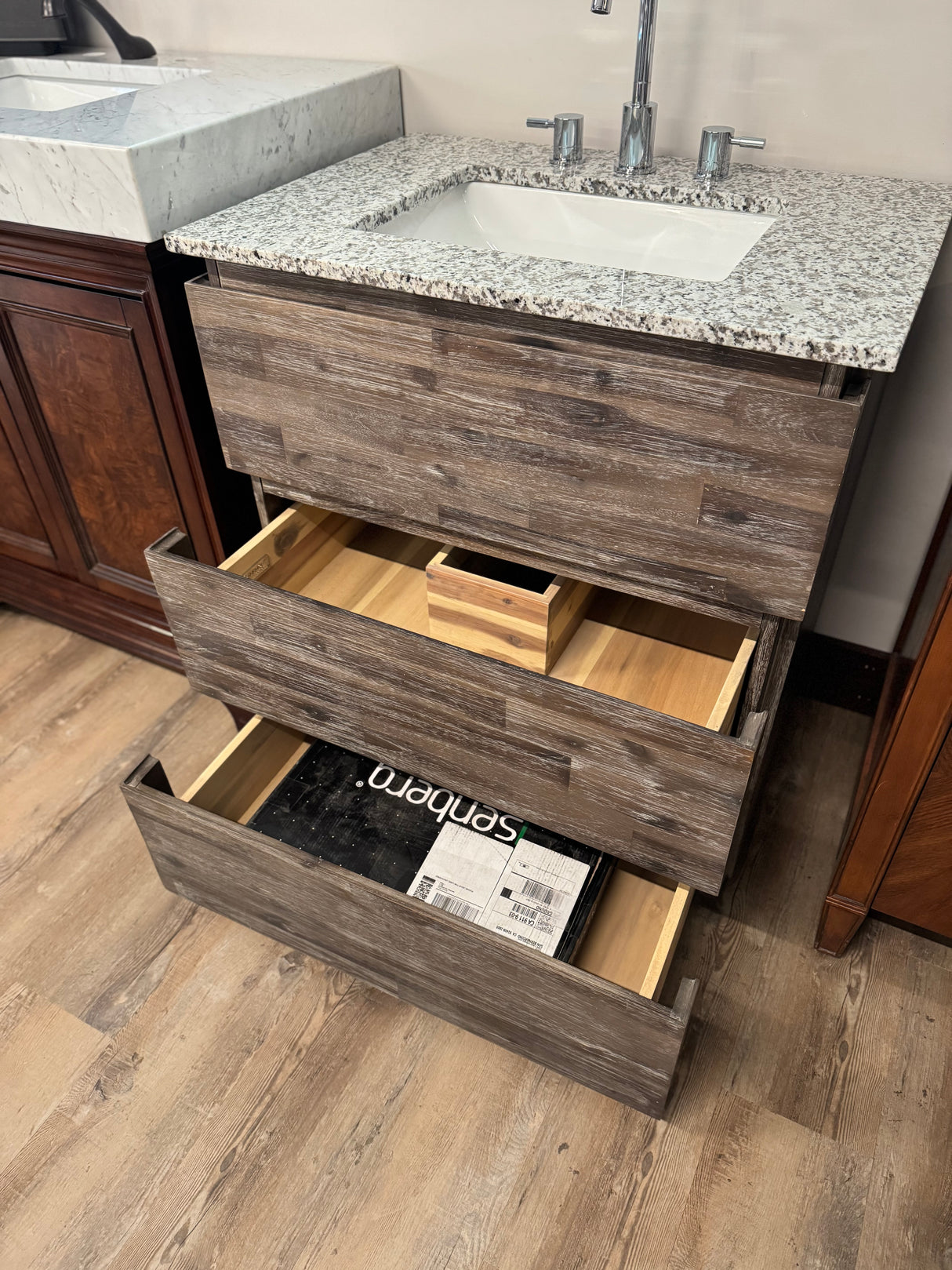 30" Organic Brown Vanity Set with Granite Top, Ceramic Sink, and Widespread Chrome Faucet