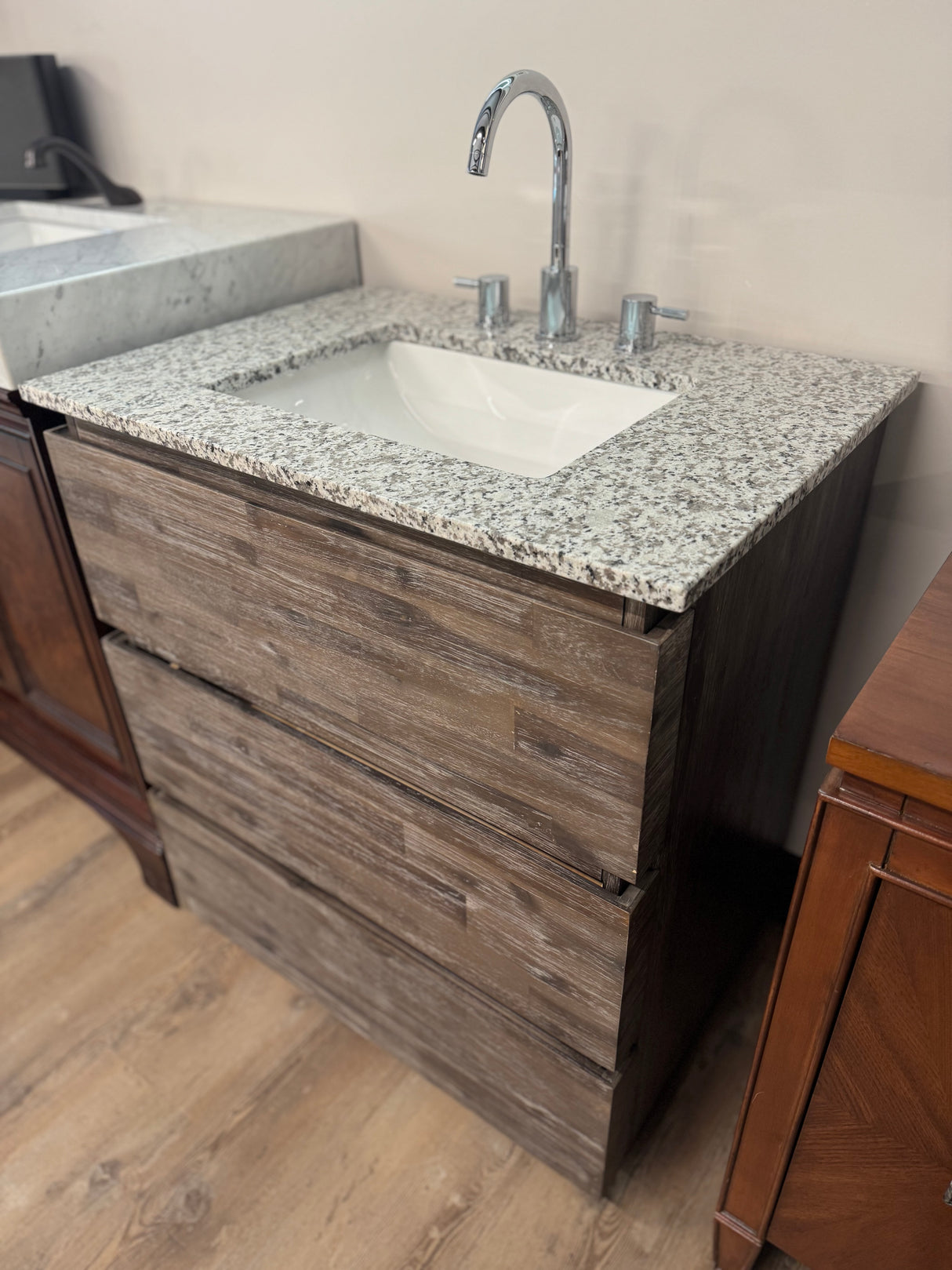 30" Organic Brown Vanity Set with Granite Top, Ceramic Sink, and Widespread Chrome Faucet