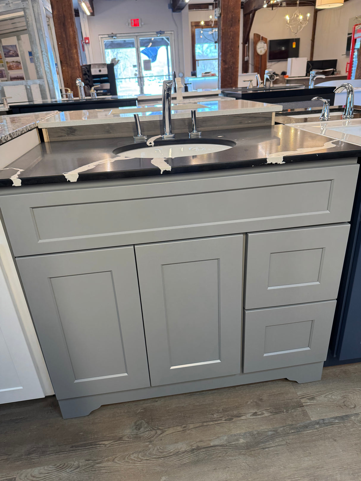 36" Grey Vanity Set with Quartz Vanity Top with Polished Chrome Widespread Faucet