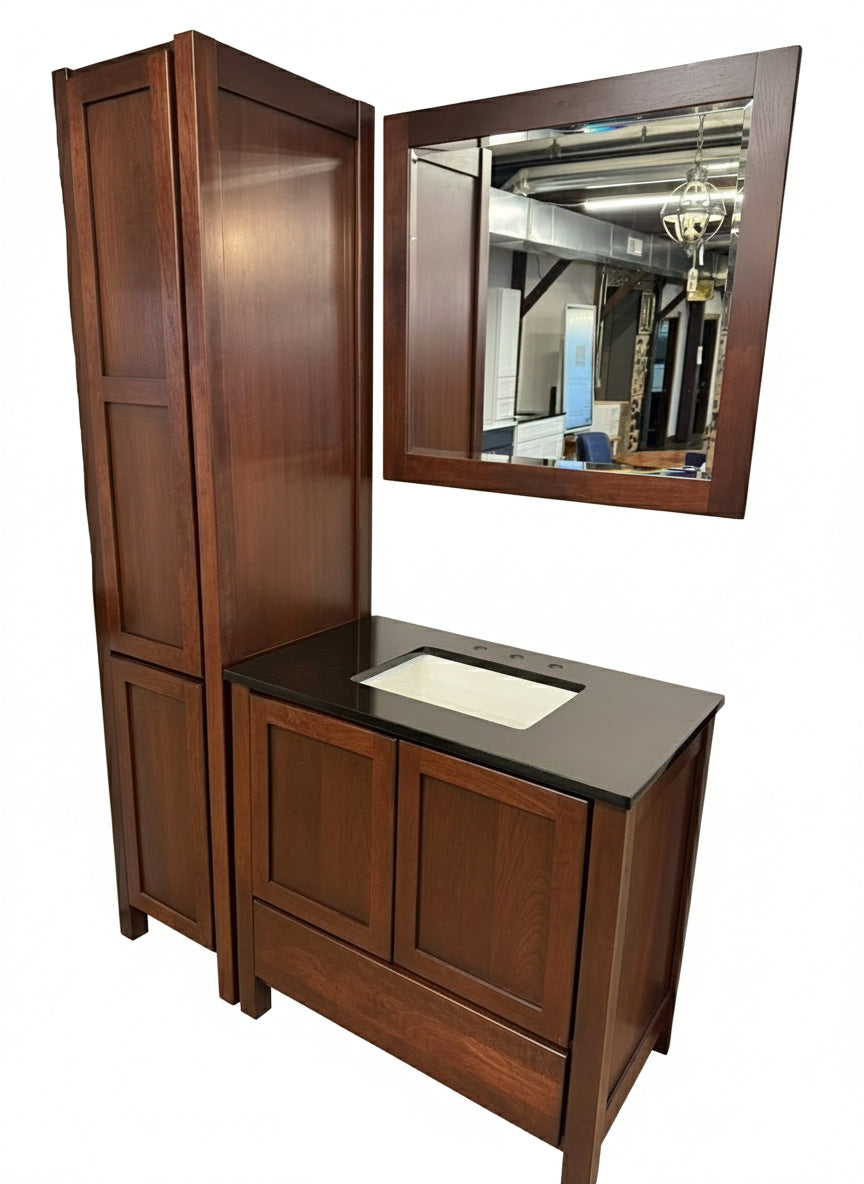 36" Bertch Cherry Vanity with Dark Granite Top and 18" Linen Tower with Matching Mirror