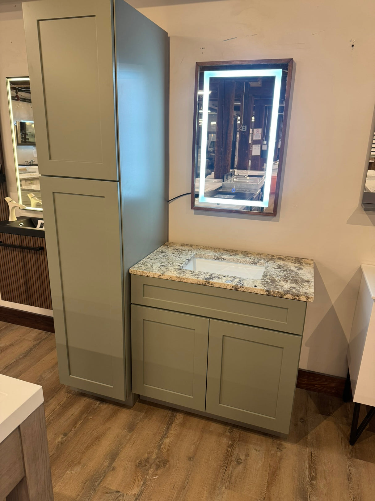 36" Moss Green Shaker Vanity with Granite Top - Includes Tower & LED Mirror