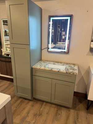 36" Moss Green Shaker Vanity with Granite Top - Includes Tower & LED Mirror