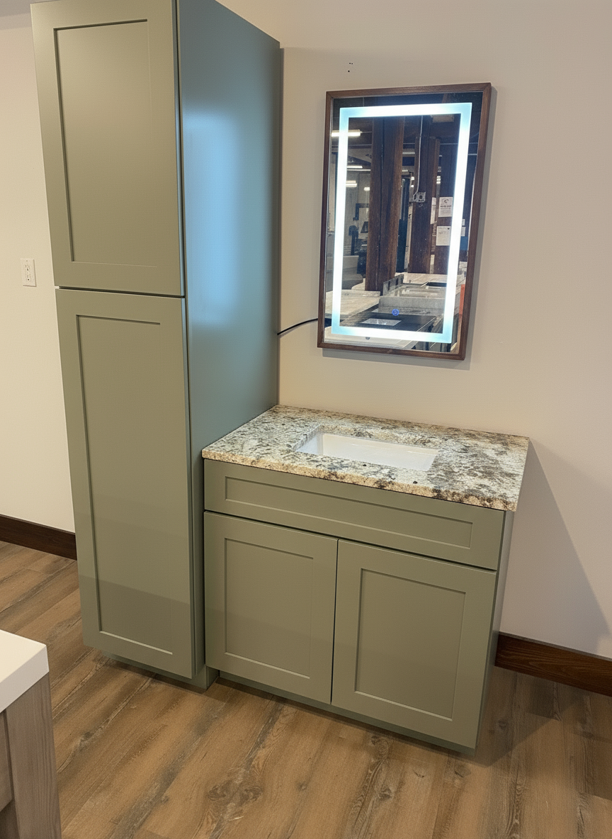 36" Moss Green Shaker Vanity with Granite Top - Includes Tower & LED Mirror