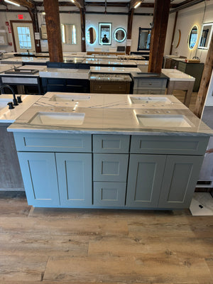 Cab-Tec 62" Shaker Moss Double-Sink Vanity – Solid Wood, Soft-Close, MSI Audacia Quartzite Top – Floor Model