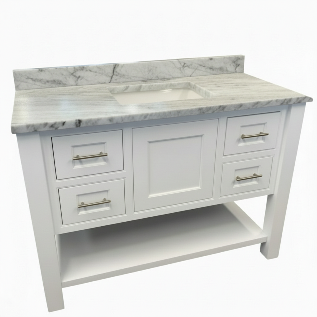 JSI 48" White Shaker Vanity w/ Fantasy Brown Stone Top & Undermount Sink – Floor Model