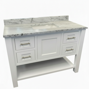 JSI 48" White Shaker Vanity w/ Fantasy Brown Stone Top & Undermount Sink – Floor Model