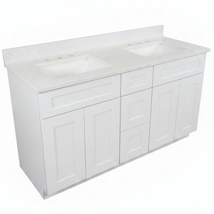 60" Cab-Tec Designer Double Vanity in Shaker White with Cultured Marble Top