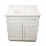 Beige bathroom vanity with sink in a room with a window.
