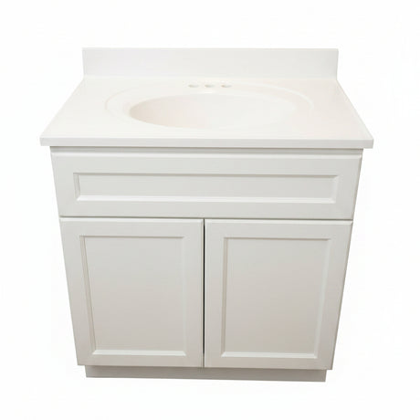 Beige bathroom vanity with sink in a room with a window.
