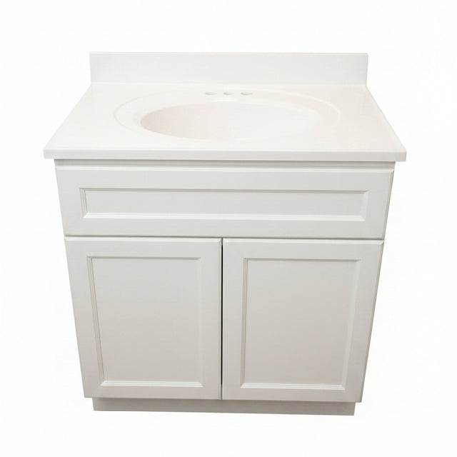 Beige bathroom vanity with sink in a room with a window.