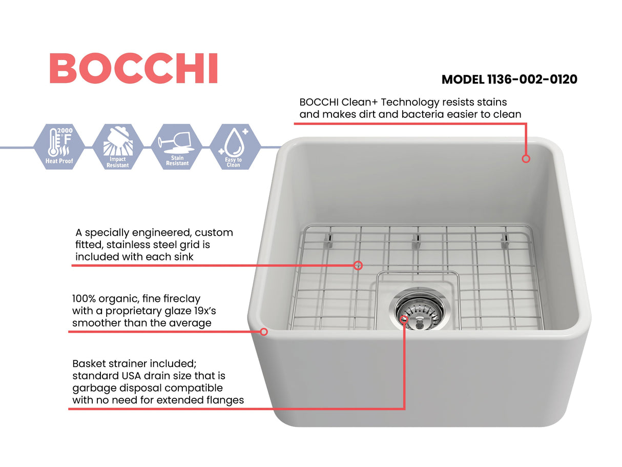 BOCCHI 1136-002-0120 Classico Farmhouse Apron Front Fireclay 20 in. Single Bowl Kitchen Sink with Protective Bottom Grid and Strainer in Matte White