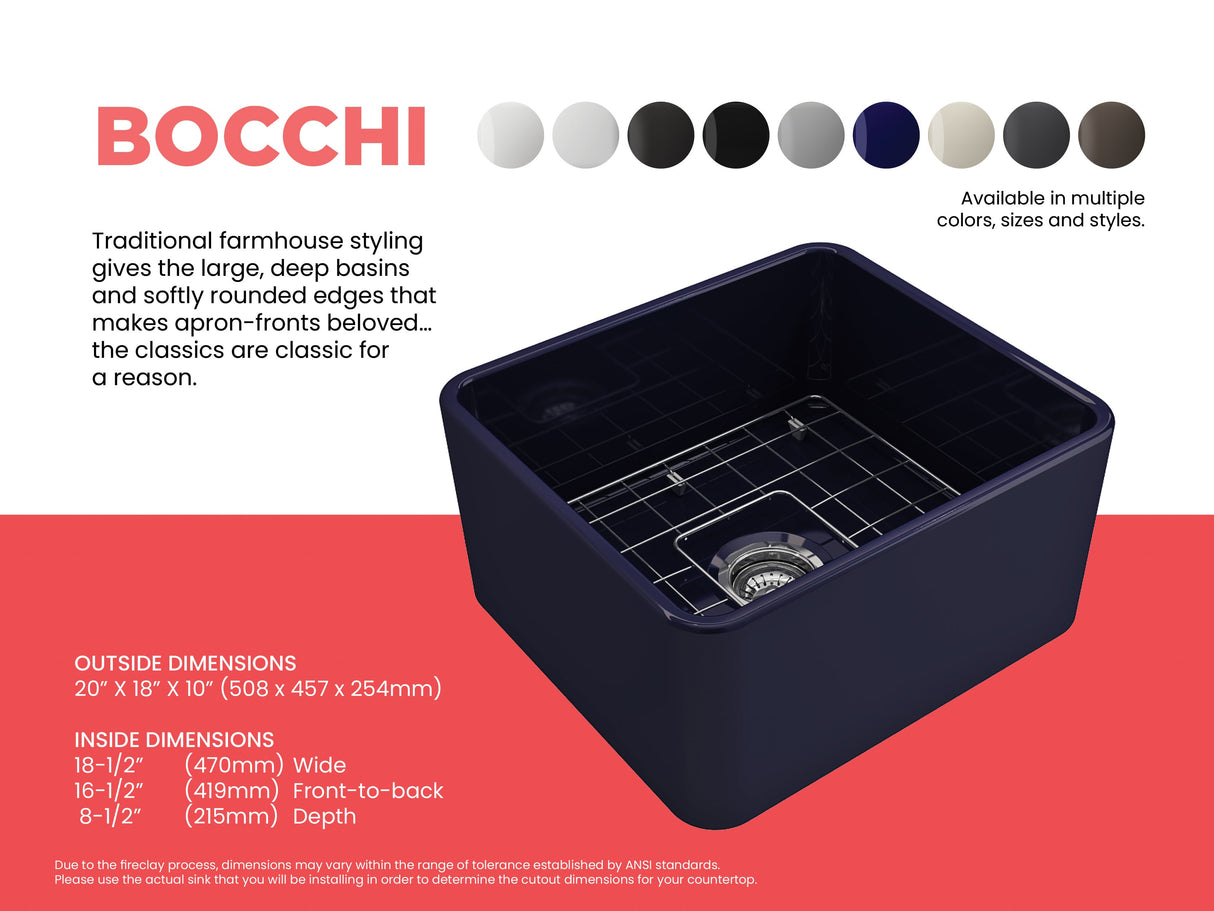 BOCCHI 1136-010-0120 Classico Farmhouse Apron Front Fireclay 20 in. Single Bowl Kitchen Sink with Protective Bottom Grid and Strainer in Sapphire Blue