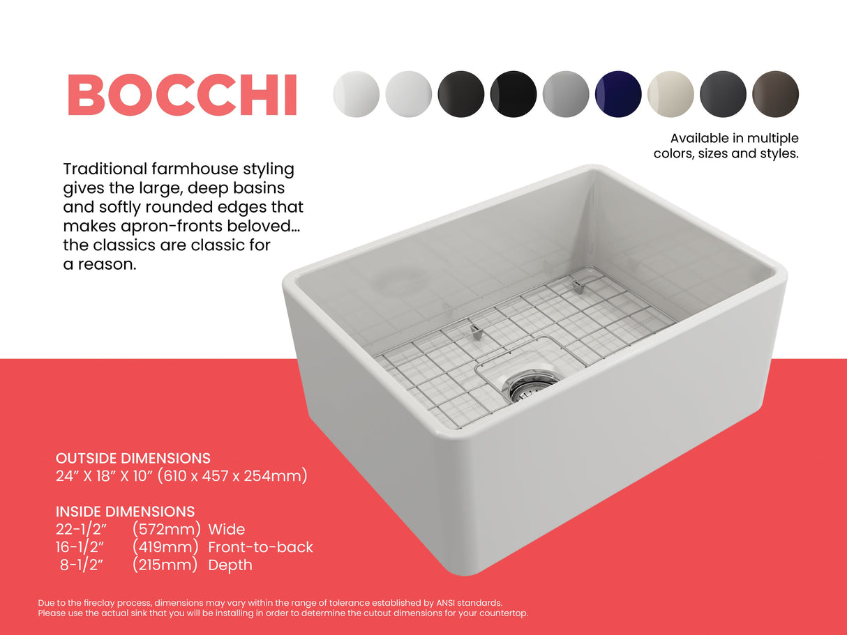 BOCCHI 1137-001-0120 Classico Farmhouse Apron Front Fireclay 24 in. Single Bowl Kitchen Sink with Protective Bottom Grid and Strainer in White