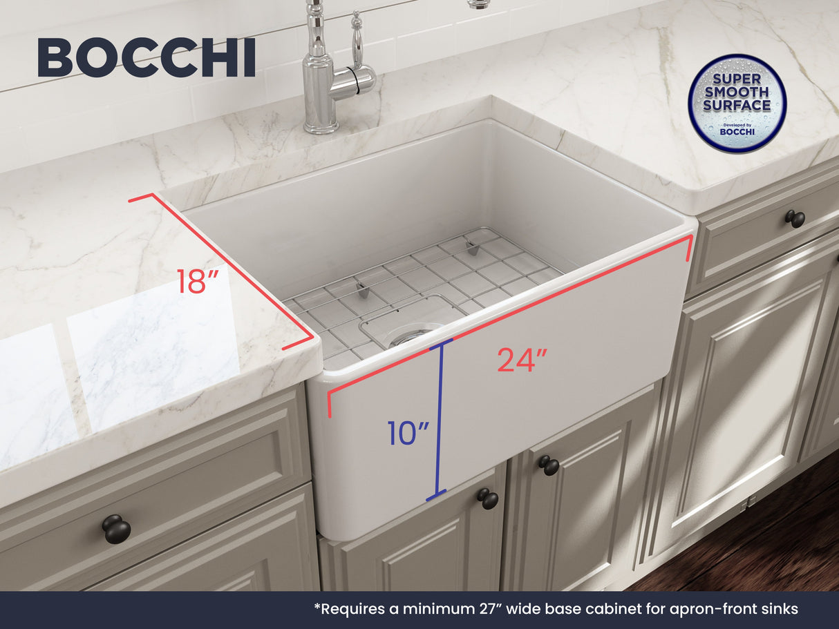 BOCCHI 1137-001-0120 Classico Farmhouse Apron Front Fireclay 24 in. Single Bowl Kitchen Sink with Protective Bottom Grid and Strainer in White