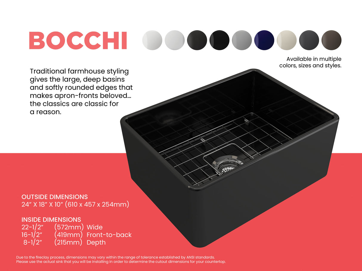 BOCCHI 1137-005-0120 Classico Farmhouse Apron Front Fireclay 24 in. Single Bowl Kitchen Sink with Protective Bottom Grid and Strainer in Black