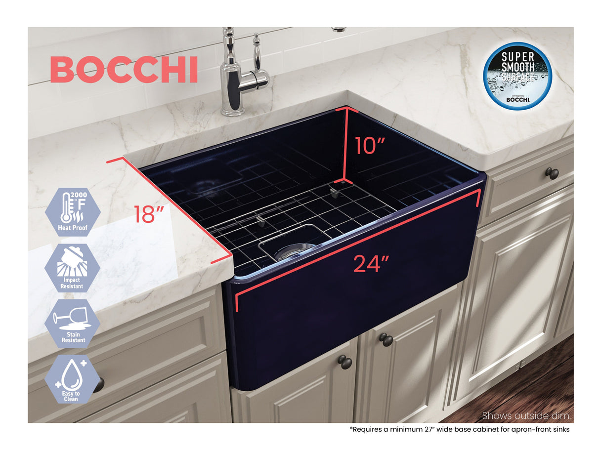 BOCCHI 1137-010-0120 Classico Farmhouse Apron Front Fireclay 24 in. Single Bowl Kitchen Sink with Protective Bottom Grid and Strainer in Sapphire Blue