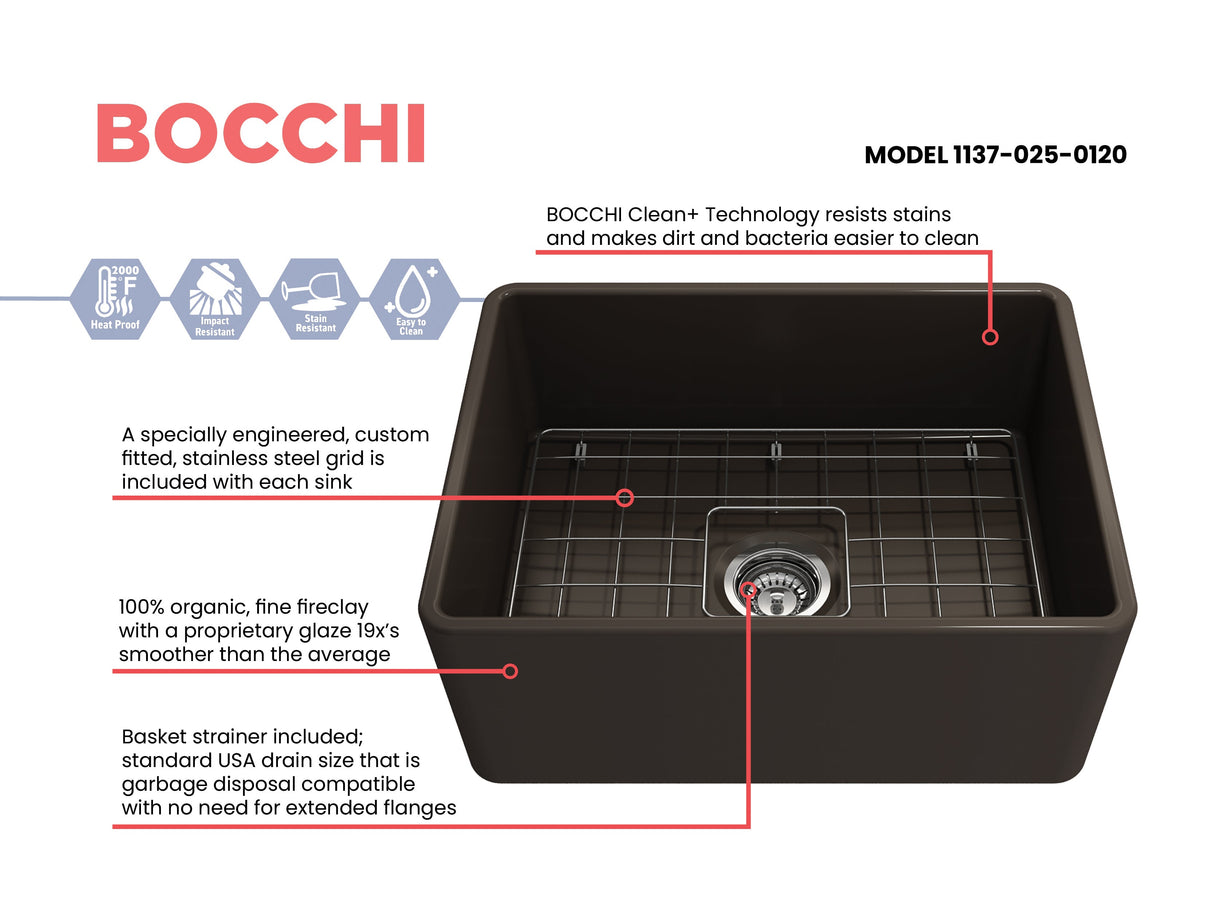 BOCCHI 1137-025-0120 Classico Farmhouse Apron Front Fireclay 24 in. Single Bowl Kitchen Sink with Protective Bottom Grid and Strainer in Matte Brown