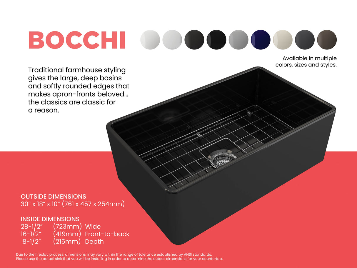BOCCHI 1138-005-0120 Classico Farmhouse Apron Front Fireclay 30 in. Single Bowl Kitchen Sink with Protective Bottom Grid and Strainer in Black