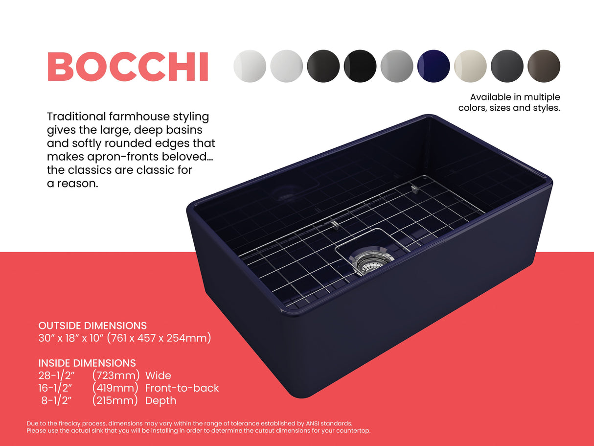 BOCCHI 1138-010-0120 Classico Farmhouse Apron Front Fireclay 30 in. Single Bowl Kitchen Sink with Protective Bottom Grid and Strainer in Sapphire Blue