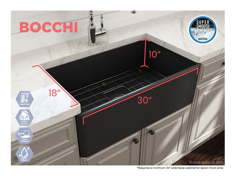 BOCCHI 1138-020-0120 Classico Farmhouse Apron Front Fireclay 30 in. Single Bowl Kitchen Sink with Protective Bottom Grid and Strainer in Matte Dark Gray