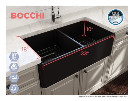 BOCCHI 1139-004-0120 Classico Farmhouse Apron Front Fireclay 33 in. Double Bowl Kitchen Sink with Protective Bottom Grids and Strainers in Matte Black