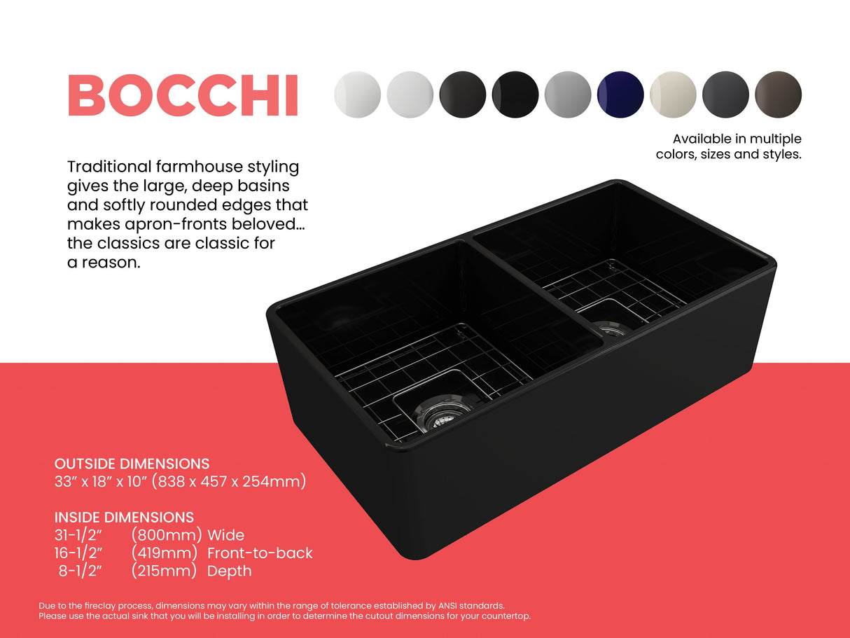 BOCCHI 1139-004-0120 Classico Farmhouse Apron Front Fireclay 33 in. Double Bowl Kitchen Sink with Protective Bottom Grids and Strainers in Matte Black