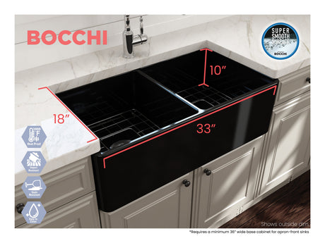 BOCCHI 1139-005-0120 Classico Farmhouse Apron Front Fireclay 33 in. Double Bowl Kitchen Sink with Protective Bottom Grids and Strainers in Black