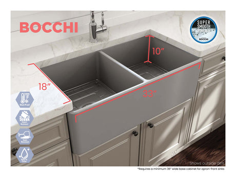 BOCCHI 1139-006-0120 Classico Farmhouse Apron Front Fireclay 33 in. Double Bowl Kitchen Sink with Protective Bottom Grids and Strainers in Matte Gray