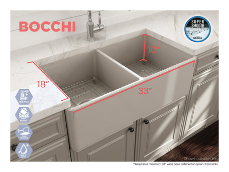 BOCCHI 1139-014-0120 Classico Farmhouse Apron Front Fireclay 33 in. Double Bowl Kitchen Sink with Protective Bottom Grids and Strainers in Biscuit