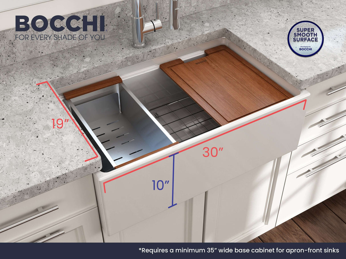 BOCCHI 1344-001-0120 Contempo Step-Rim Apron Front Fireclay 30 in. Single Bowl Kitchen Sink with Integrated Work Station & Accessories in White