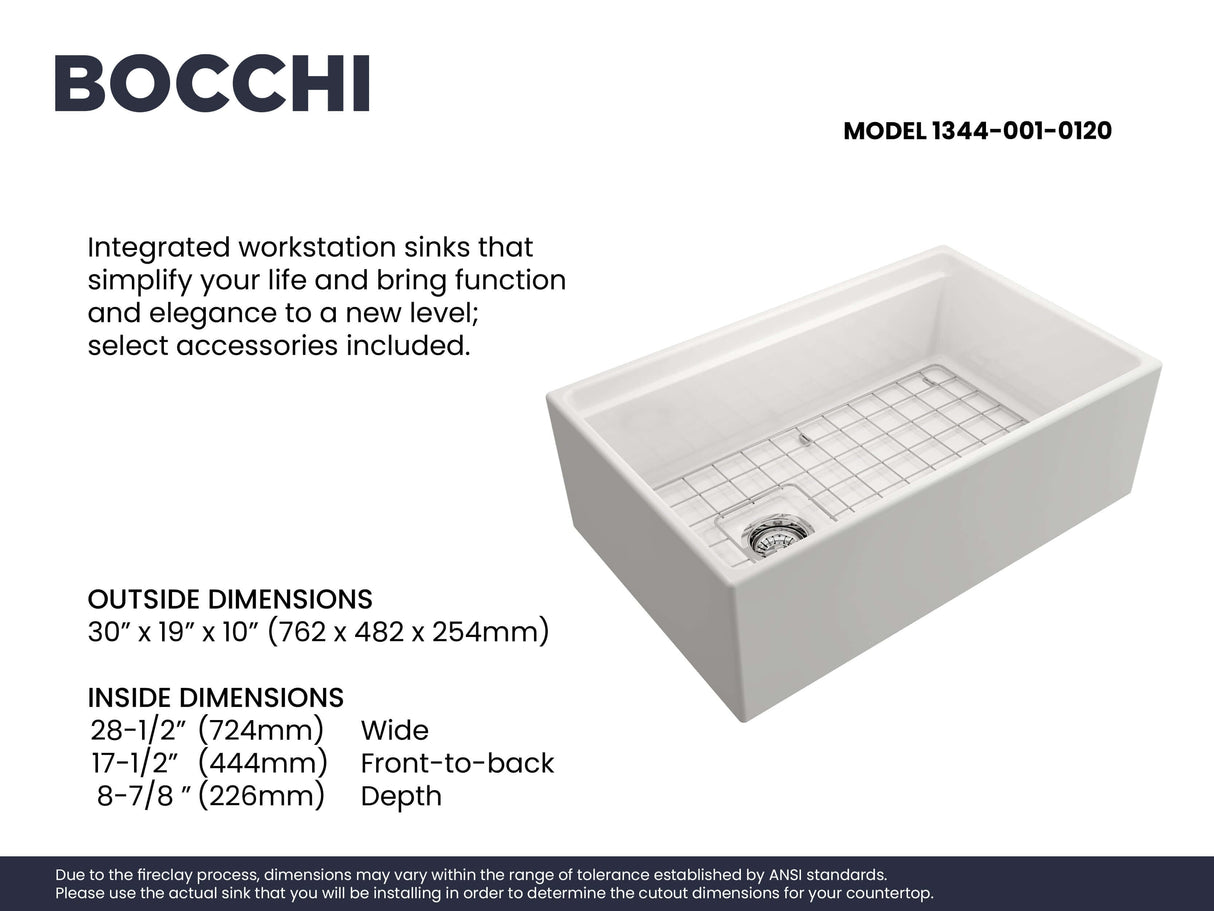 BOCCHI 1344-001-0120 Contempo Step-Rim Apron Front Fireclay 30 in. Single Bowl Kitchen Sink with Integrated Work Station & Accessories in White