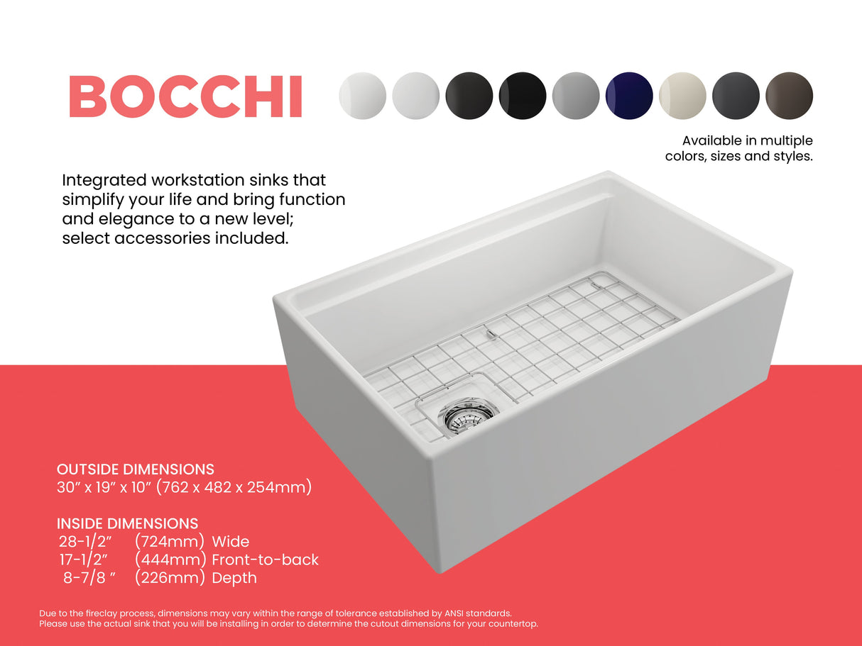 BOCCHI 1344-002-0120 Contempo Step-Rim Apron Front Fireclay 30 in. Single Bowl Kitchen Sink with Integrated Work Station & Accessories in Matte White