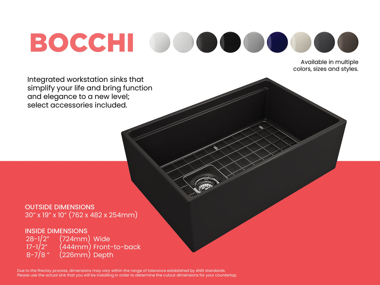 BOCCHI 1344-004-0120 Contempo Step-Rim Apron Front Fireclay 30 in. Single Bowl Kitchen Sink with Integrated Work Station & Accessories in Matte Black