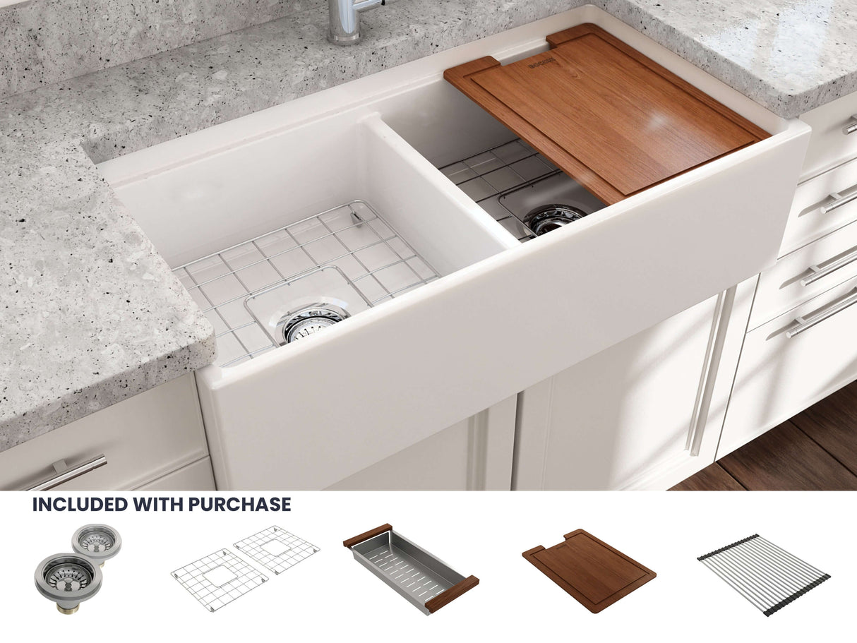 BOCCHI 1348-001-0120 Contempo Step-Rim Apron Front Fireclay 36 in. Double Bowl Kitchen Sink with Integrated Work Station & Accessories in White