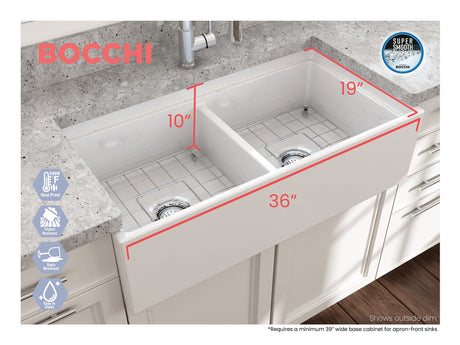 BOCCHI 1348-002-0120 Contempo Step-Rim Apron Front Fireclay 36 in. Double Bowl Kitchen Sink with Integrated Work Station & Accessories in Matte White