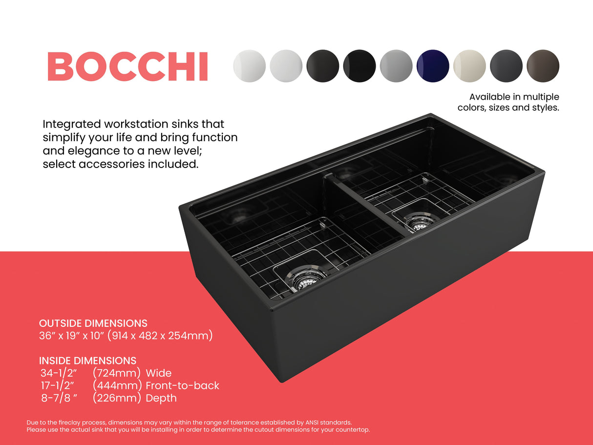 BOCCHI 1348-005-0120 Contempo Step-Rim Apron Front Fireclay 36 in. Double Bowl Kitchen Sink with Integrated Work Station & Accessories in Black
