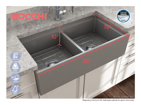 BOCCHI 1348-006-0120 Contempo Step-Rim Apron Front Fireclay 36 in. Double Bowl Kitchen Sink with Integrated Work Station & Accessories in Matte Gray
