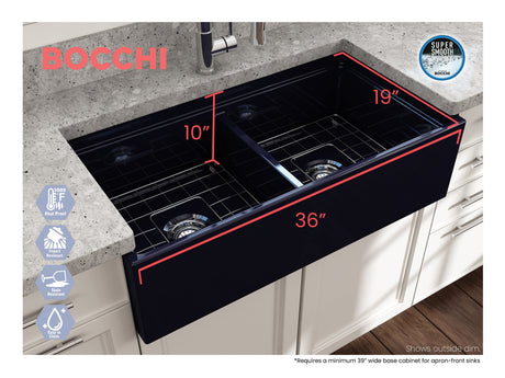 BOCCHI 1348-010-0120 Contempo Step-Rim Apron Front Fireclay 36 in. Double Bowl Kitchen Sink with Integrated Work Station & Accessories in Sapphire Blue