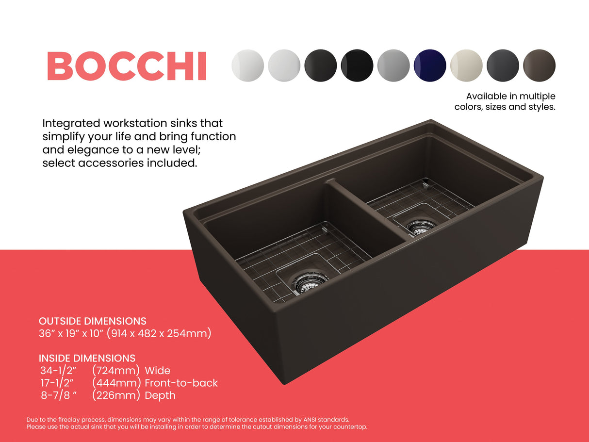 BOCCHI 1348-025-0120 Contempo Step-Rim Apron Front Fireclay 36 in. Double Bowl Kitchen Sink with Integrated Work Station & Accessories in Matte Brown