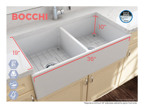 BOCCHI 1350-002-0120 Contempo Apron Front Fireclay 36 in. Double Bowl Kitchen Sink with Protective Bottom Grids and Strainers in Matte White