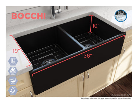 BOCCHI 1350-004-0120 Contempo Apron Front Fireclay 36 in. Double Bowl Kitchen Sink with Protective Bottom Grids and Strainers in Matte Black