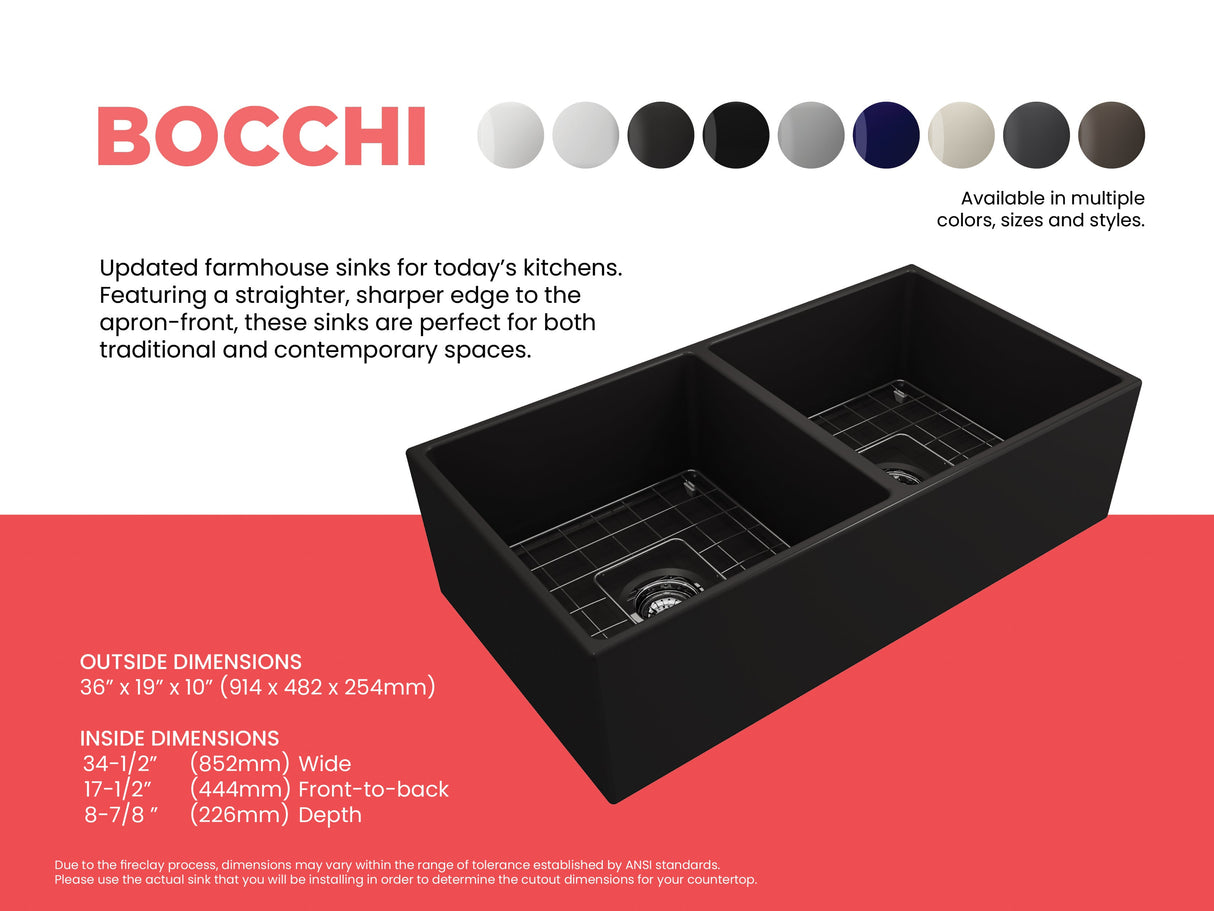 BOCCHI 1350-004-0120 Contempo Apron Front Fireclay 36 in. Double Bowl Kitchen Sink with Protective Bottom Grids and Strainers in Matte Black