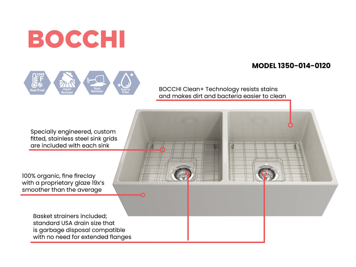 BOCCHI 1350-014-0120 Contempo Apron Front Fireclay 36 in. Double Bowl Kitchen Sink with Protective Bottom Grids and Strainers in Biscuit