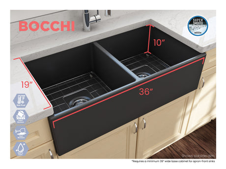 BOCCHI 1350-020-0120 Contempo Apron Front Fireclay 36 in. Double Bowl Kitchen Sink with Protective Bottom Grids and Strainers in Matte Dark Gray