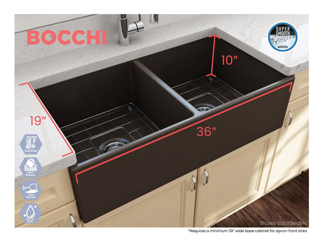 BOCCHI 1350-025-0120 Contempo Apron Front Fireclay 36 in. Double Bowl Kitchen Sink with Protective Bottom Grids and Strainers in Matte Brown