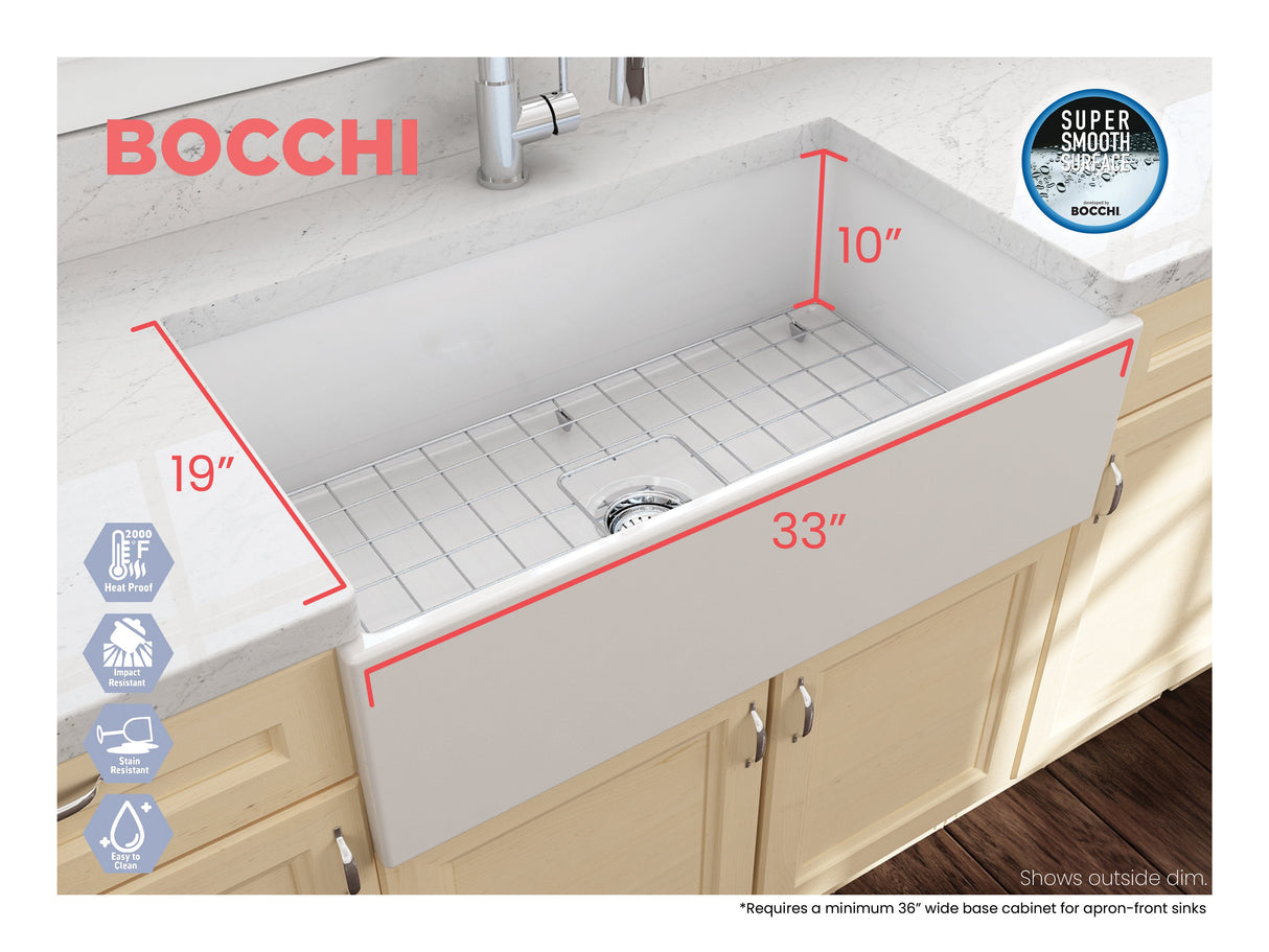 BOCCHI 1352-002-0120 Contempo Apron Front Fireclay 33 in. Single Bowl Kitchen Sink with Protective Bottom Grid and Strainer in White