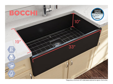 BOCCHI 1352-004-0120 Contempo Apron Front Fireclay 33 in. Single Bowl Kitchen Sink with Protective Bottom Grid and Strainer in Matte Black